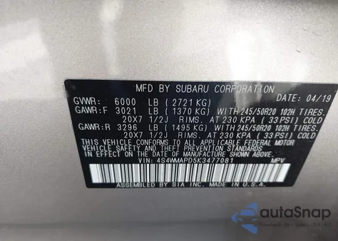 2019 Subaru Ascent Limited z USA, uszkodzony, nr VIN 4S4WMAPD5K3477081